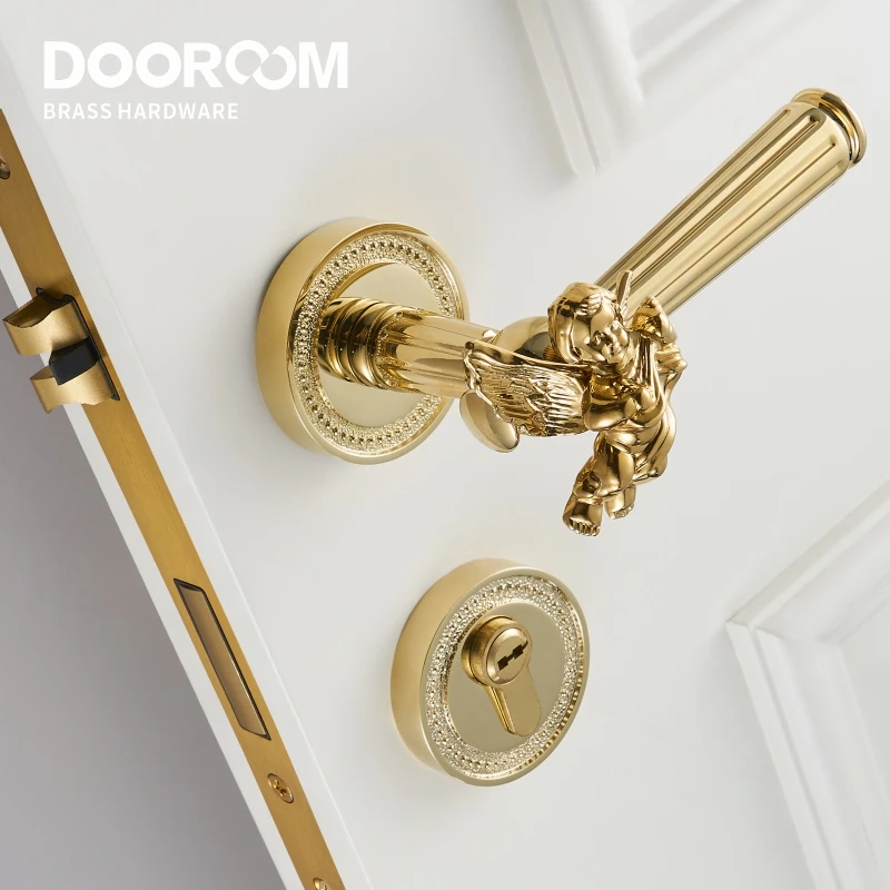 Dooroom Brass Door Lever Set Shiny Gold Bright Chrome Angel Interior