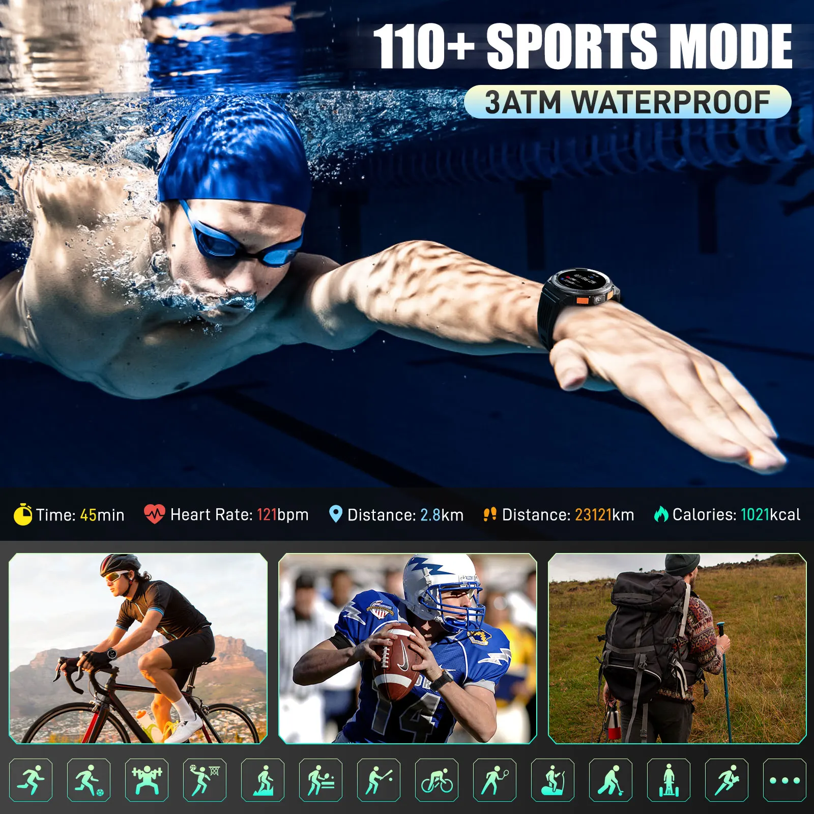 EIGIIS 1.45 Inch Smart Watch KE5 3ATM Waterproof Original Design Sports Watch With Compass And Altitude Barometer LED Flashlight - Image 2