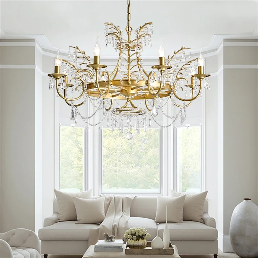 

Post modern gold candlestick crystal chandeliers lights living room designer luxury lamps bedroom French villa hanging lighting