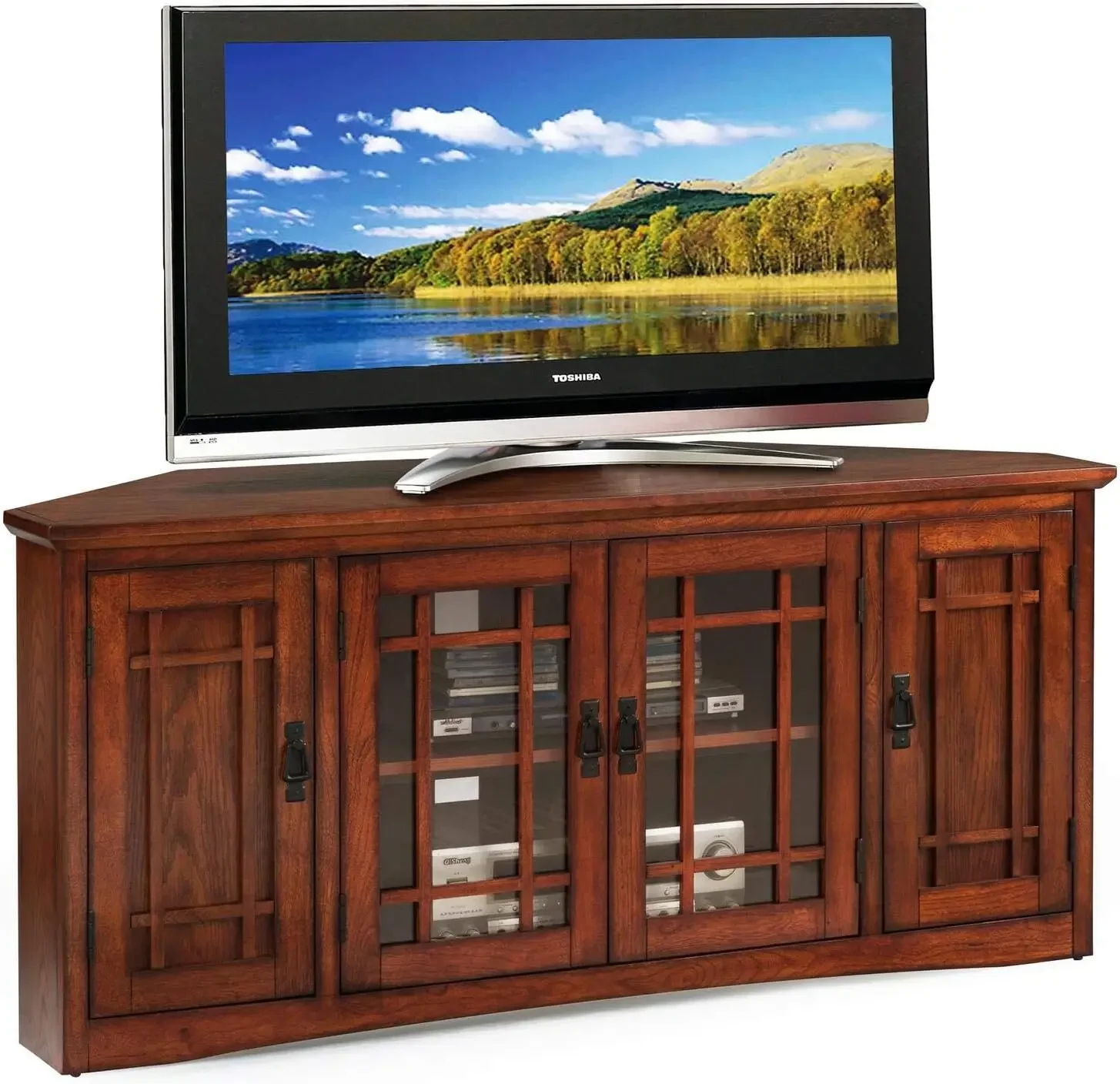 

Solid Wood Mission Oak Four Door Corner TV Stand For 60" TVs Living Room Enclosed Storage Shelves Entertainment Center