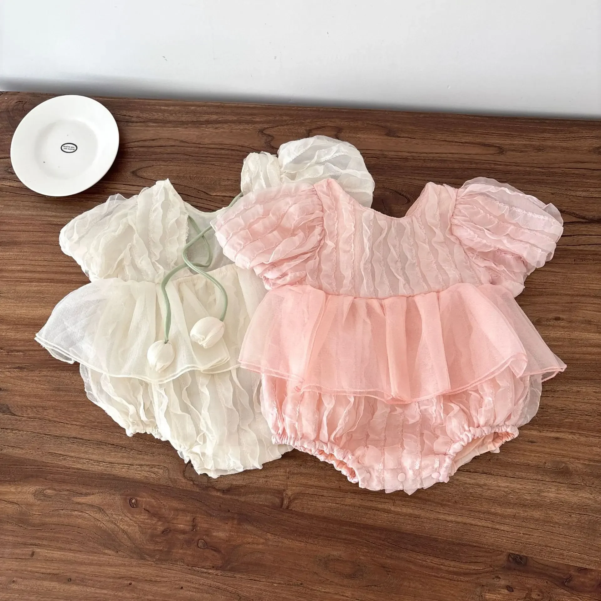 Summer New Sweet Baby Girl Romper Bubble Sleeve Short Sleeve Backless Tulip Month Full Moon Clothes Infant Fashionable Onesie
