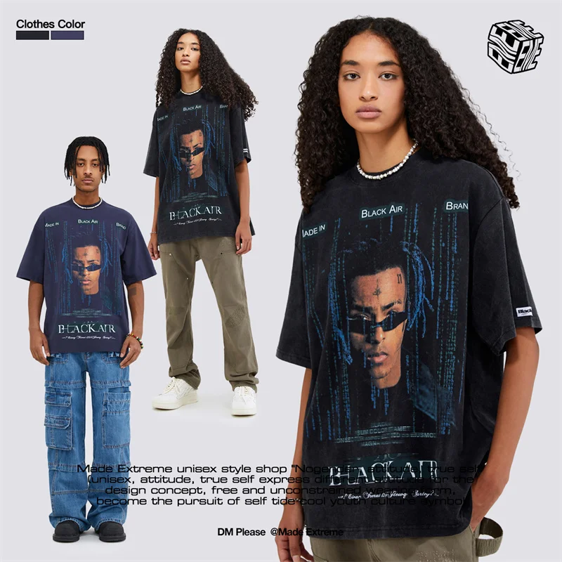

BLACKAIR Woman Tops American Street China-Chic Brand New Summer Hip Hop Character Print Short Sleeve T-shirt for Men and Women