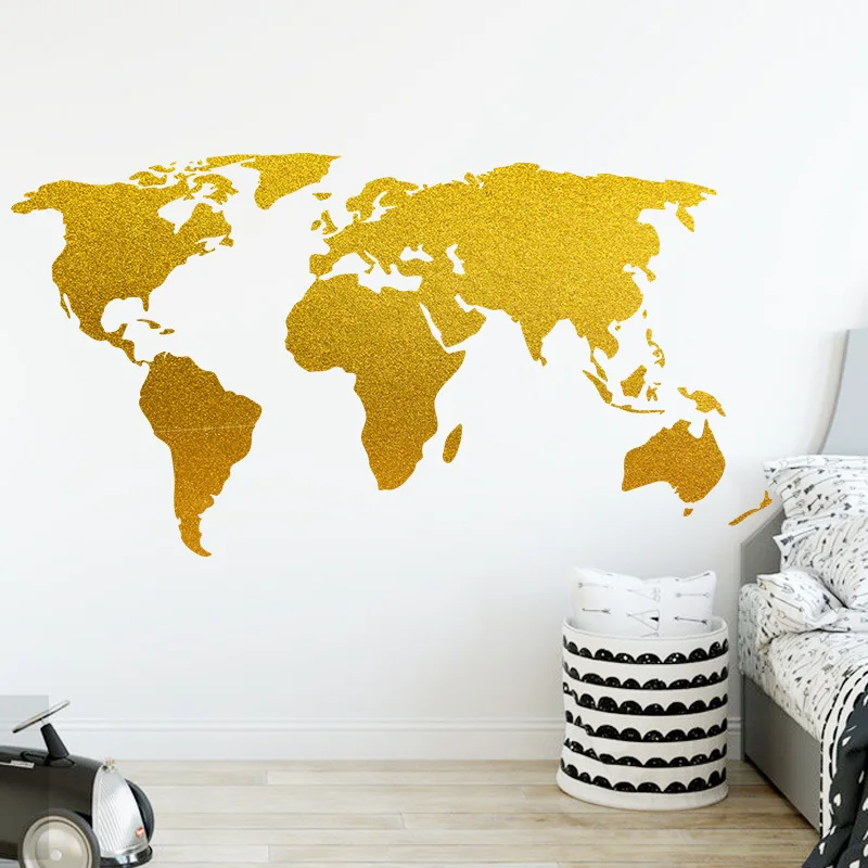 

New Gold World Map Sticker Self Adhesive Removable Background Wall, Decorative Wall in Living Room Bedroom