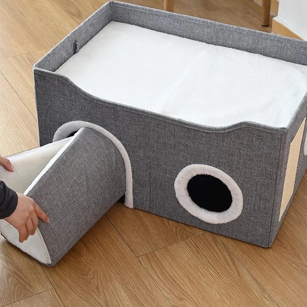 Foldable Cat House, Cat Bed 2 Layer Large Cat Cave for Pet with Scratching Board for Small Medium Pets Indoor, 56.5cm*41.5cm*40cm, Grey