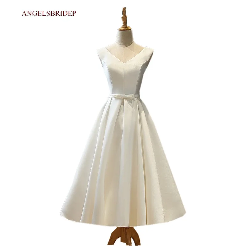 

ANGLESBRIDEP 2 магазин простых свадебных платьев с V-образным вырезом Летний стиль Vestido De Noiva до середины икры дешево женское платье без рукавов