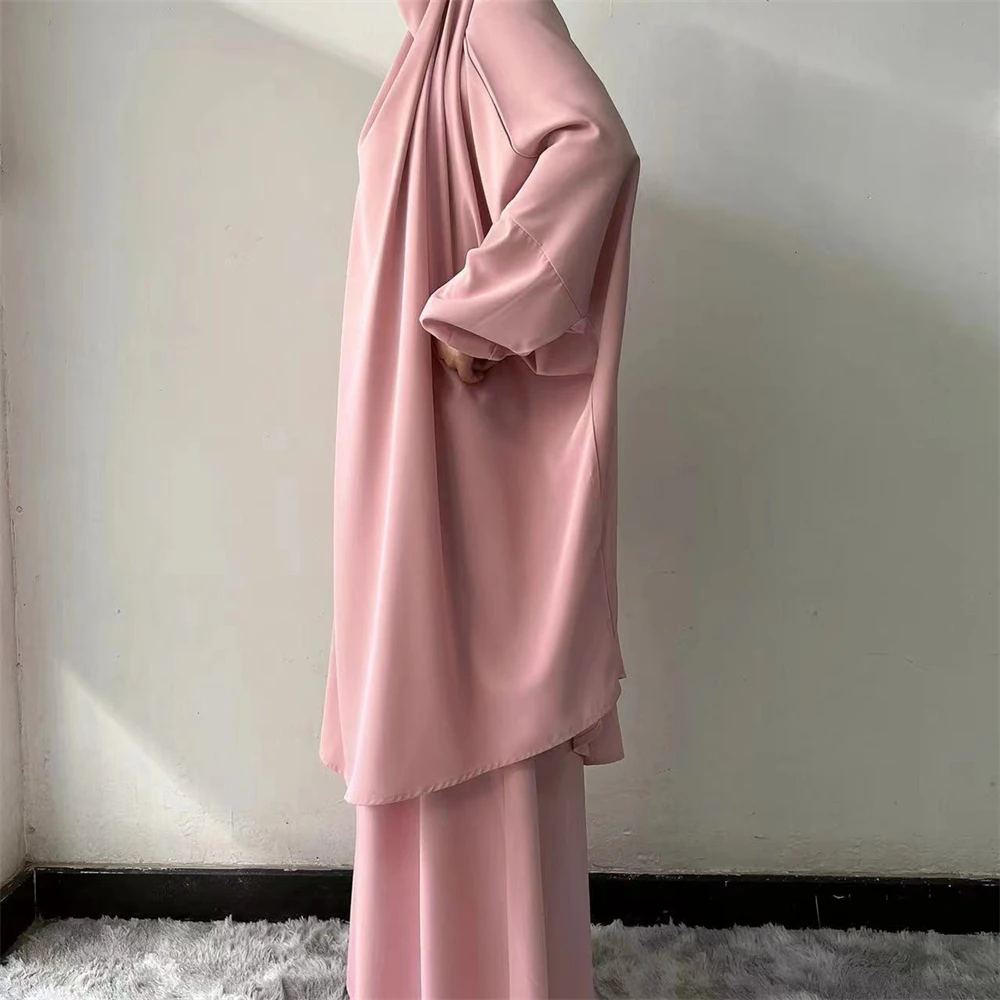 

2PCS Women Hooded Overhead Abaya Muslim Eid Ramadan prayer Dress Dubai Turkey Kaftan Islamic Clothing Burqa Robe Khimar Jalabiya