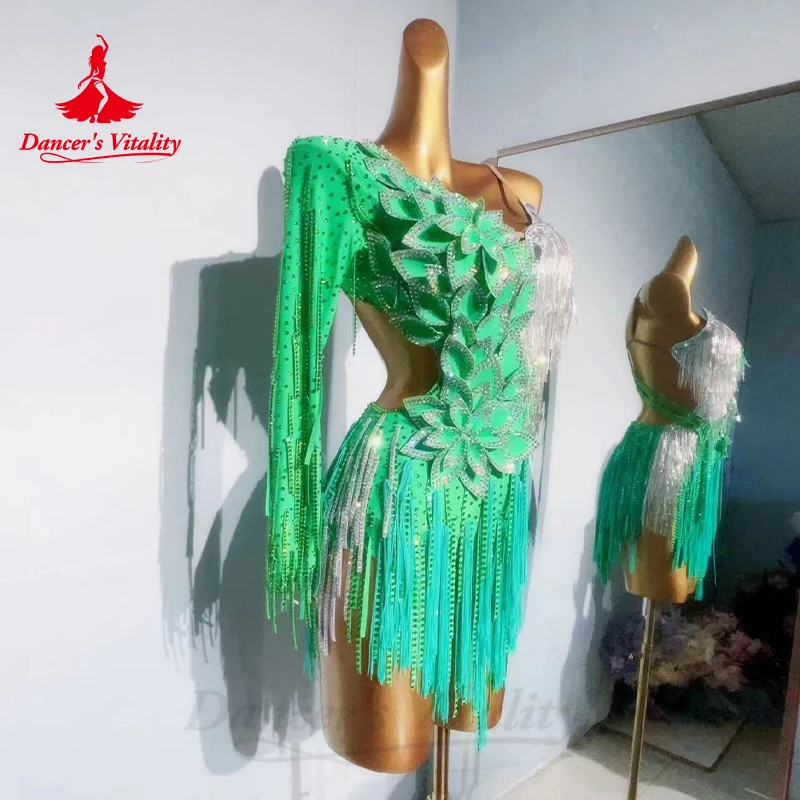 green emerald velvet dress Green VESA Latin Dress with Fringe main image 1
