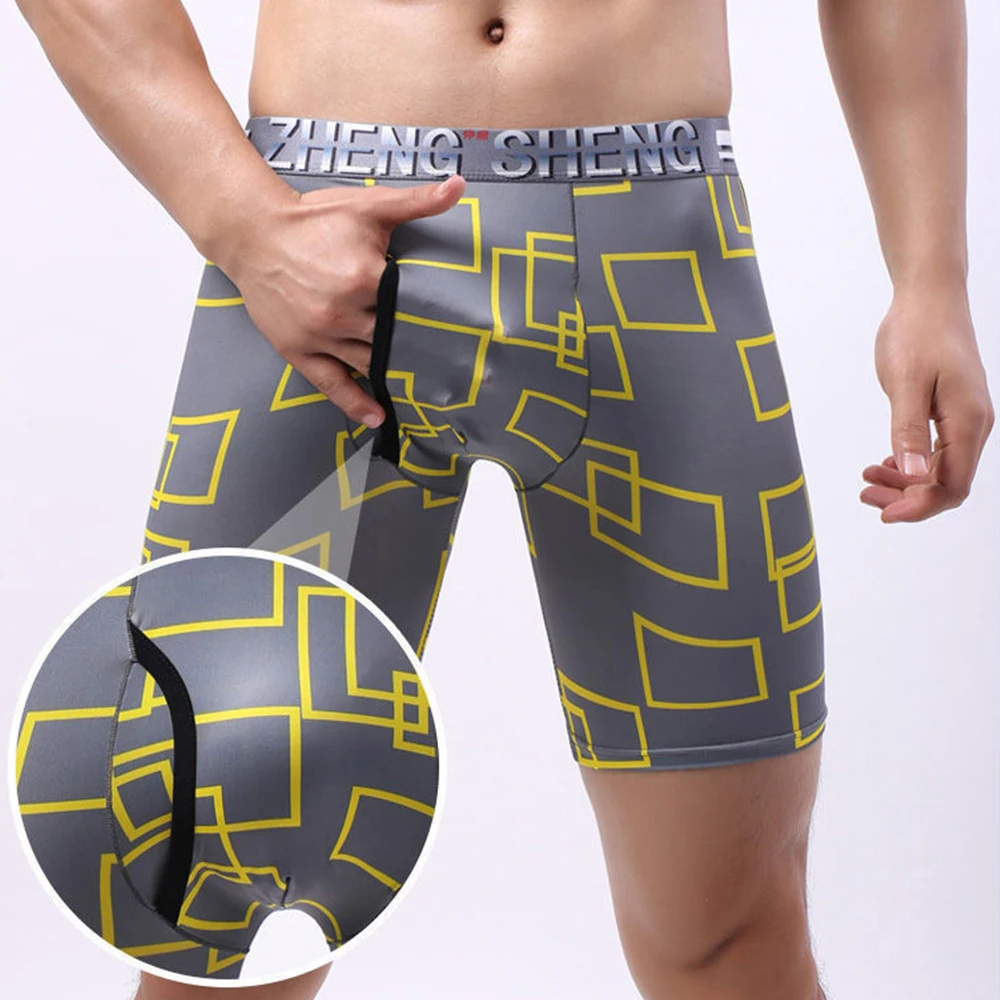 Men Print Ice Silk Long Leg Shorts Convex Pouch Underwear Briefs Boxer Underpants Boys Sports Gym Smooth Шорты Мужские