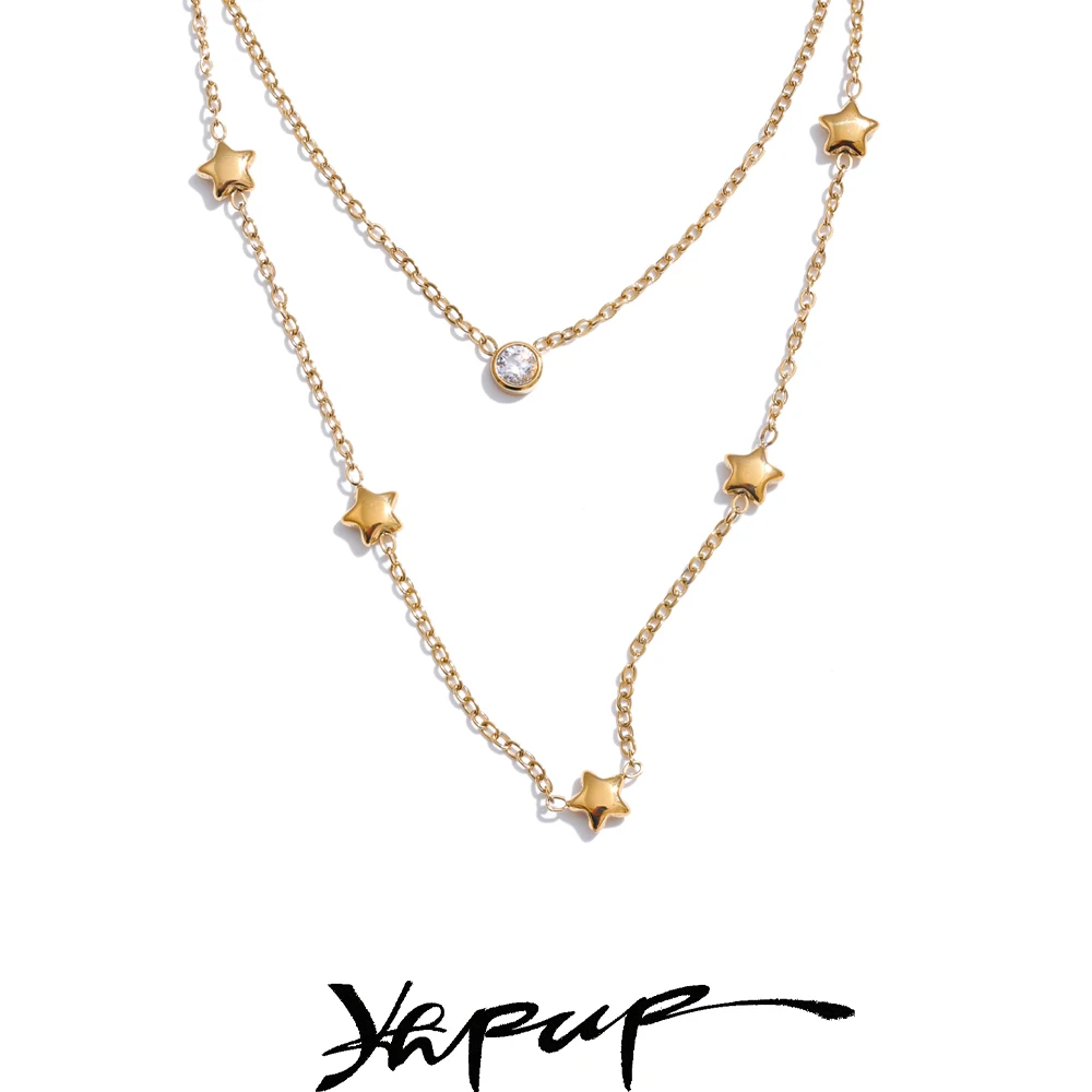 Yhpup Stainless Steel Double Layer Star Zircon Chain Necklace