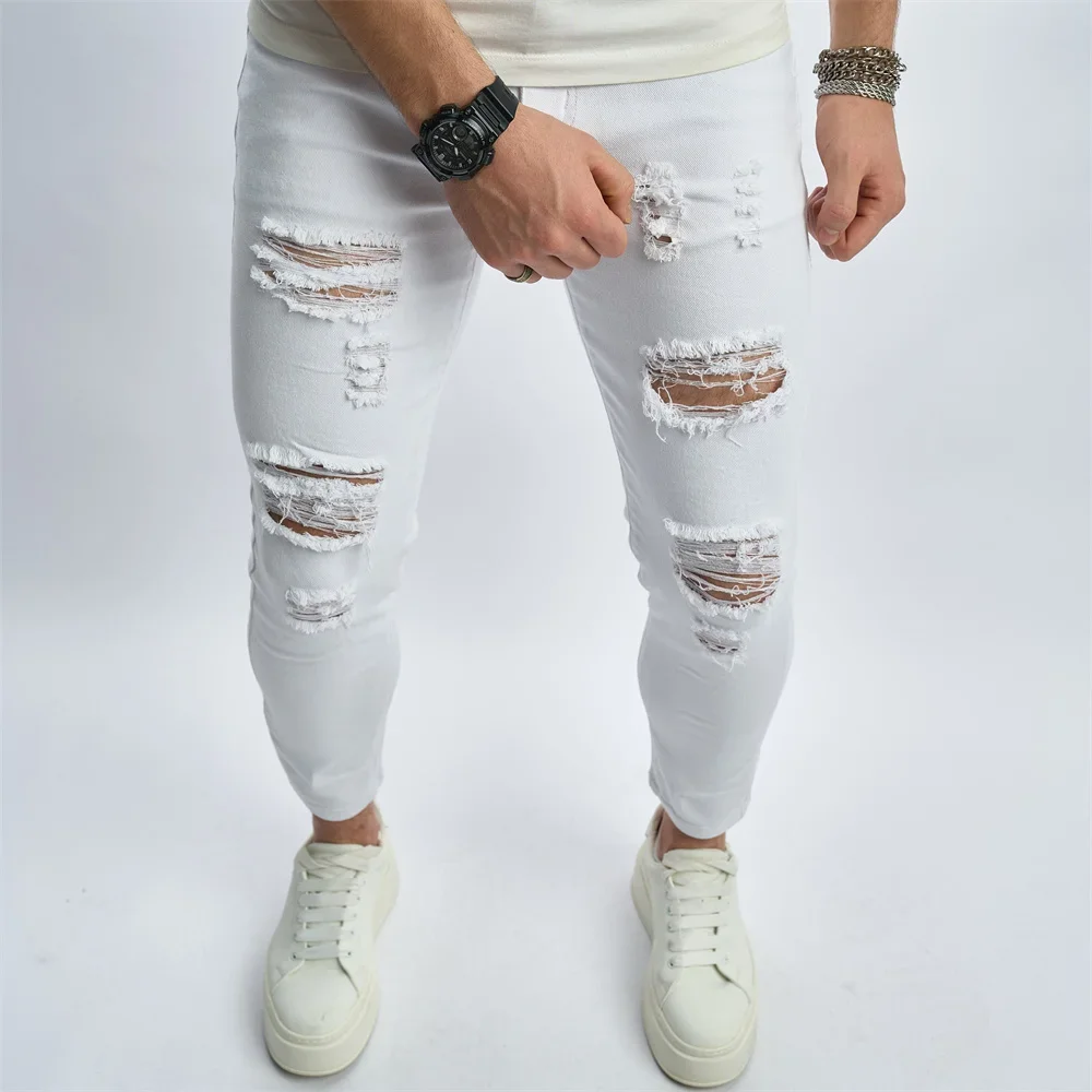 Men's Street Distressed White Skinny Jeans Men Good Quality Stylish HipHop Holes Slim Stretch Pencil Denim Pants