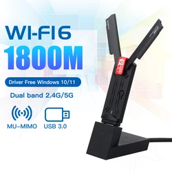 WiFi 6 USB Network Adapter 1800Mbps USB3.0 Wi-fi Dongle 802.11ax Dual Band 2.4G/5Ghz Wireless Network Card Windows 7/10/11