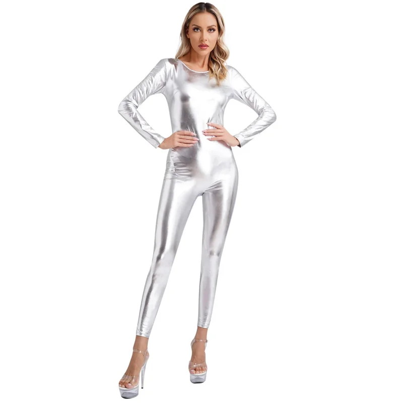 

Womens Metallic Shiny Bodysuit Unitard Long Sleeve Slim Fit Full Body Jumpsuit Clubwear Space Astronaut Cosplay Festival Costume