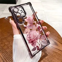 Elegant Pink Rose Floral Shockproof Phone Case - Clear Protective Cover - Galaxy S23 Ultra (Purple - LJY203)