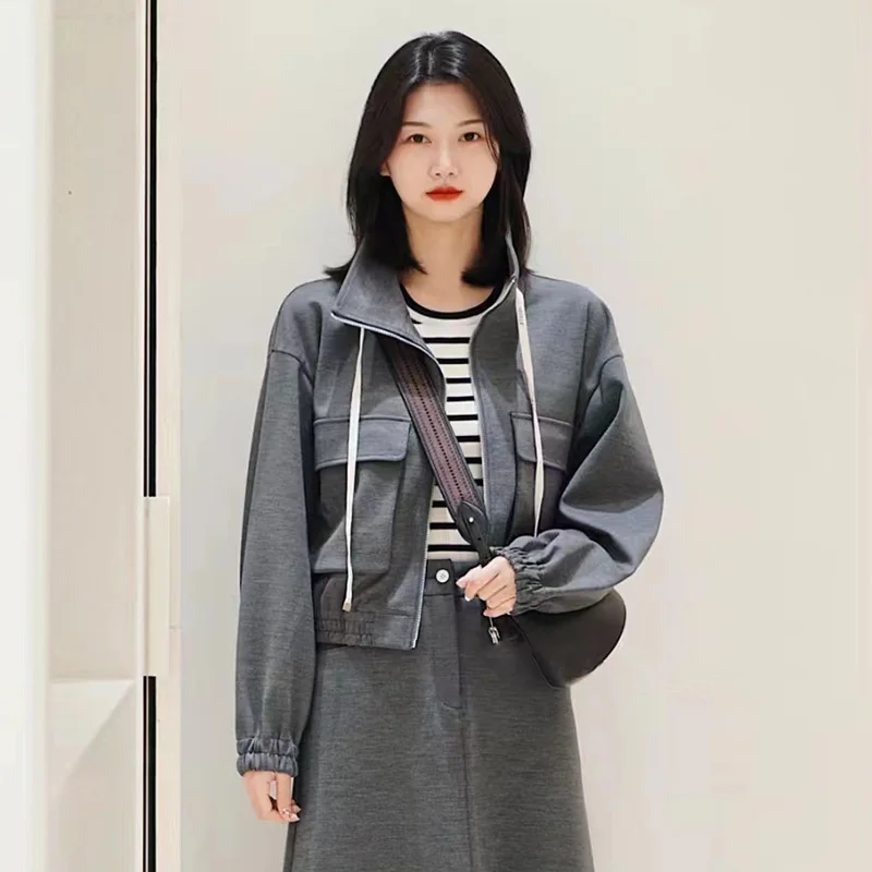 실제 샷 비교 순수한 오리지널 샤오 헤 2023 가을과 겨울 120 PCs Worsted 스트레치 플리스 폰테-드-로마 스탠드 칼라 포켓 겉옷