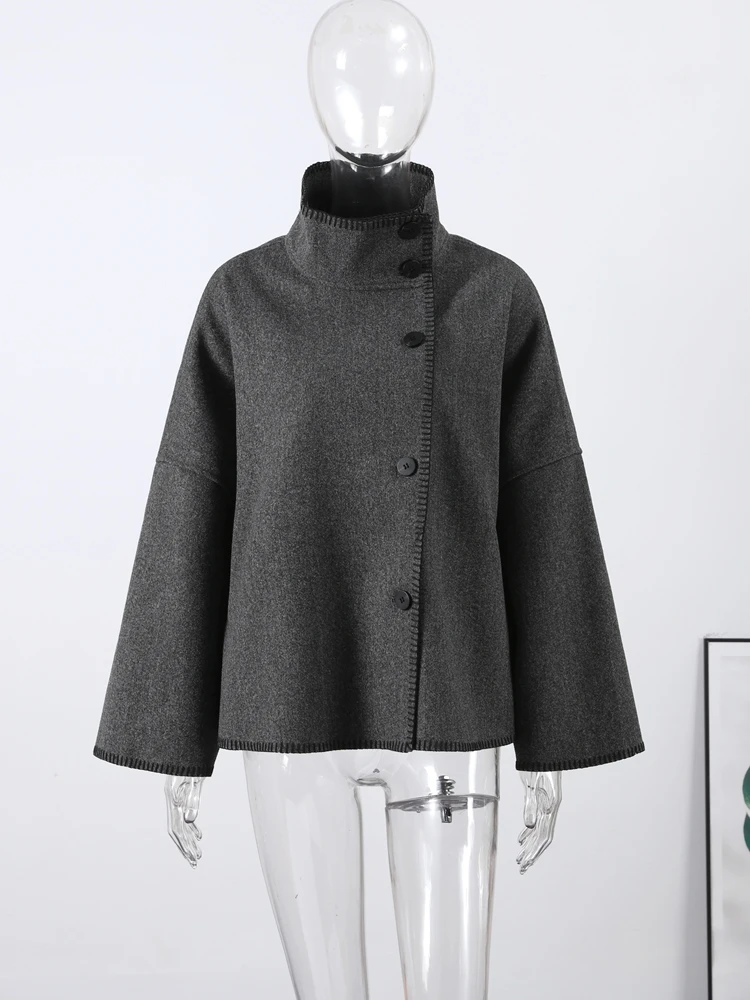 Topstitch Rollkragen Volle Hülse Woolen Jacke Frauen Elegante Einreiher Solide Lose Herbst Winter Mantel Neue Damen Oberbekleidung – Detail 10