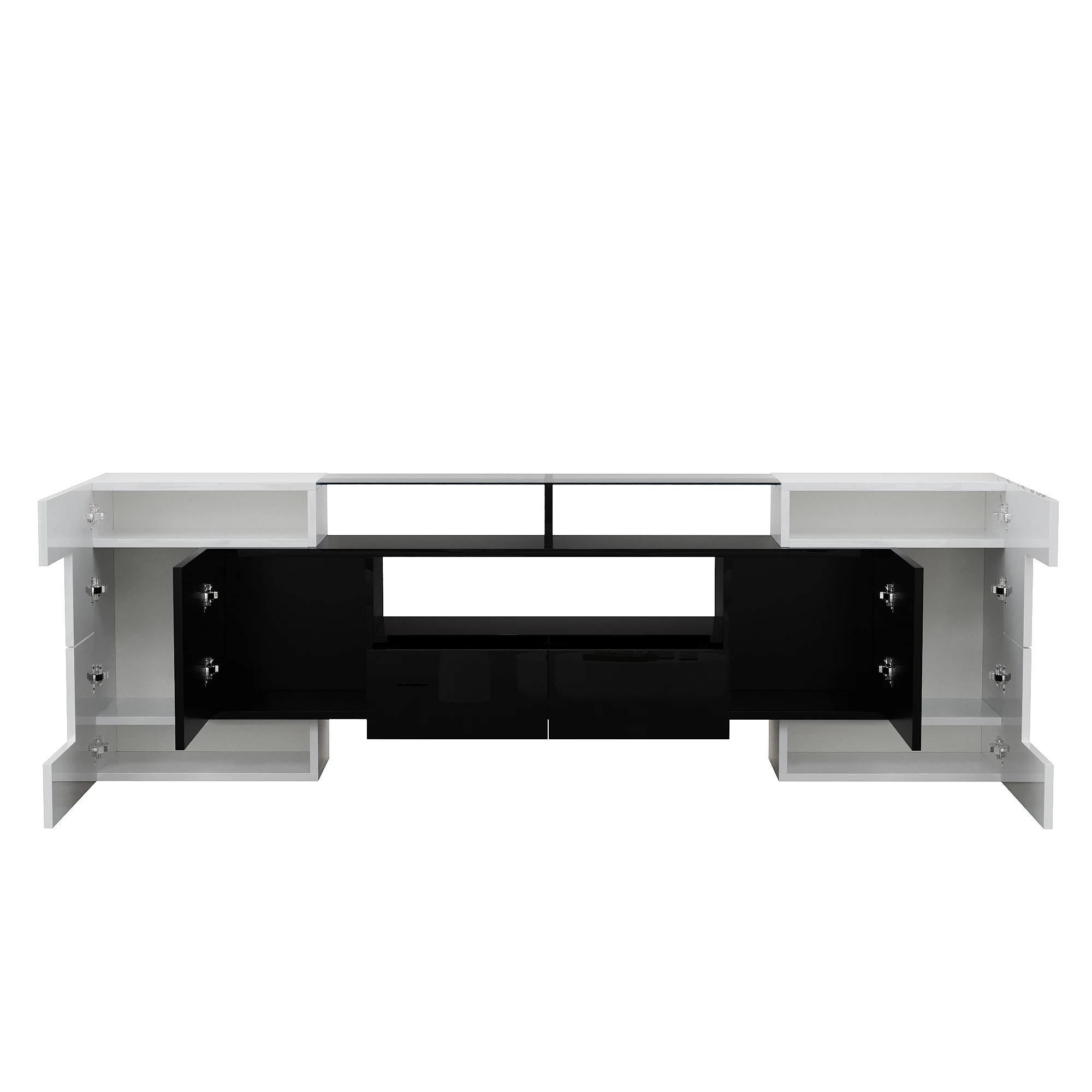 Stilvoller 200 cm TV-Schrank mit Hochglanz-Finish in Weiß und Schwarz, LED-Beleuchtung und eleganter Glasoberfläche. – Detail 18