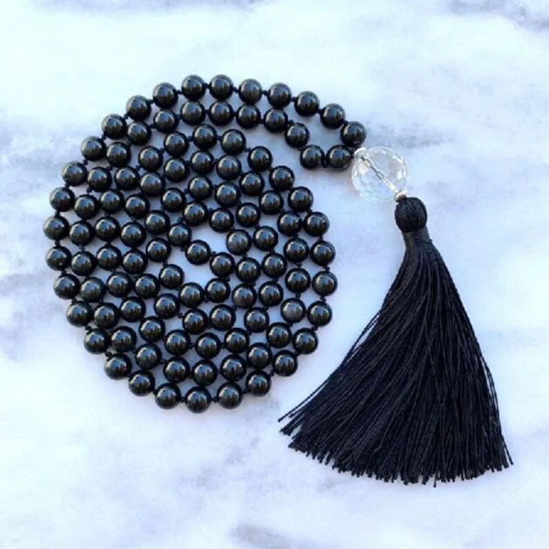 

Classic Black Beads Jewelry BLACK OBSIDIAN Mala 108 Bead Healing Meditation Yoga Necklace-Knot Mala-Protection