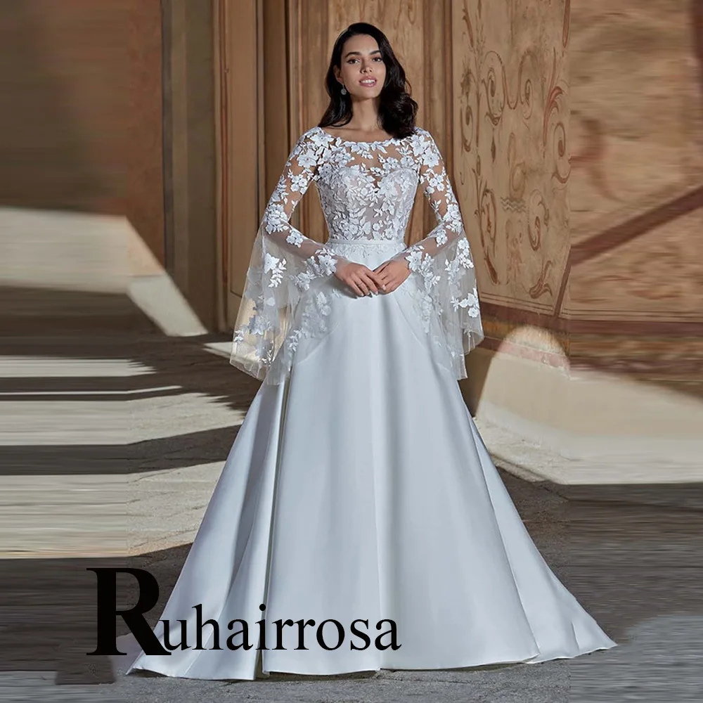 Women Wedding Gown Appliques Flare Sleeves O-neck Backless A-line Formal Robe De Mariee Customized