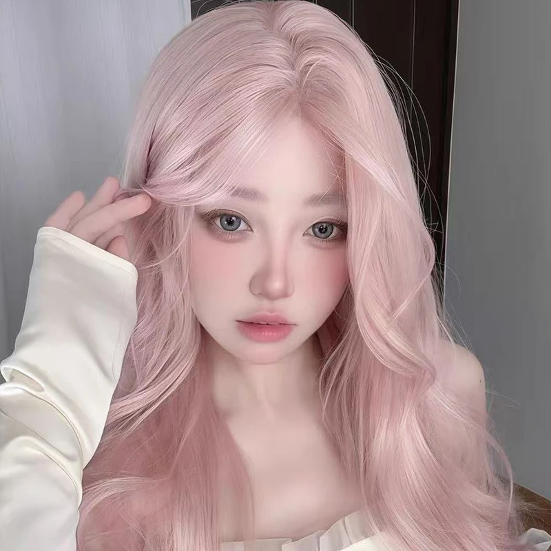 Lupu Synthetic Women Pink Wigs Cosplay Wig Long Pink Hair with Hair Bangs for Women's Halloween Costumes Christmas Party Use