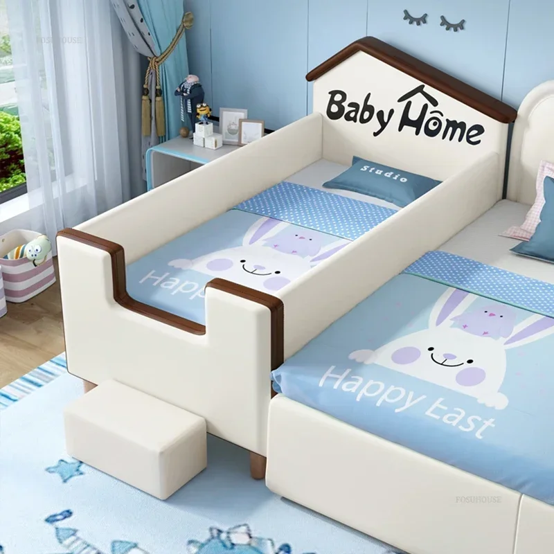Fashionable Soft Case Beds for Children Solid Wood Splicing with Footrest Children Bed European Light Luxury Child Bed for Study