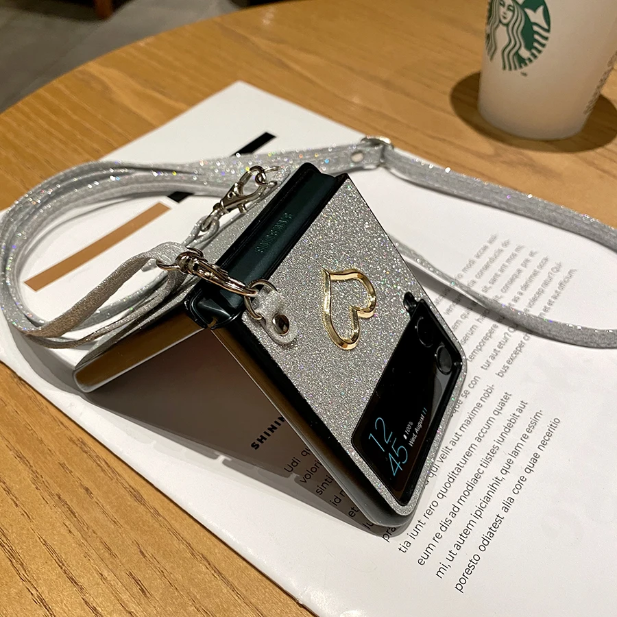 Glitter Bling Crossbody Strap Chain Case with Love Heart Design - Shockproof Fashion Cover