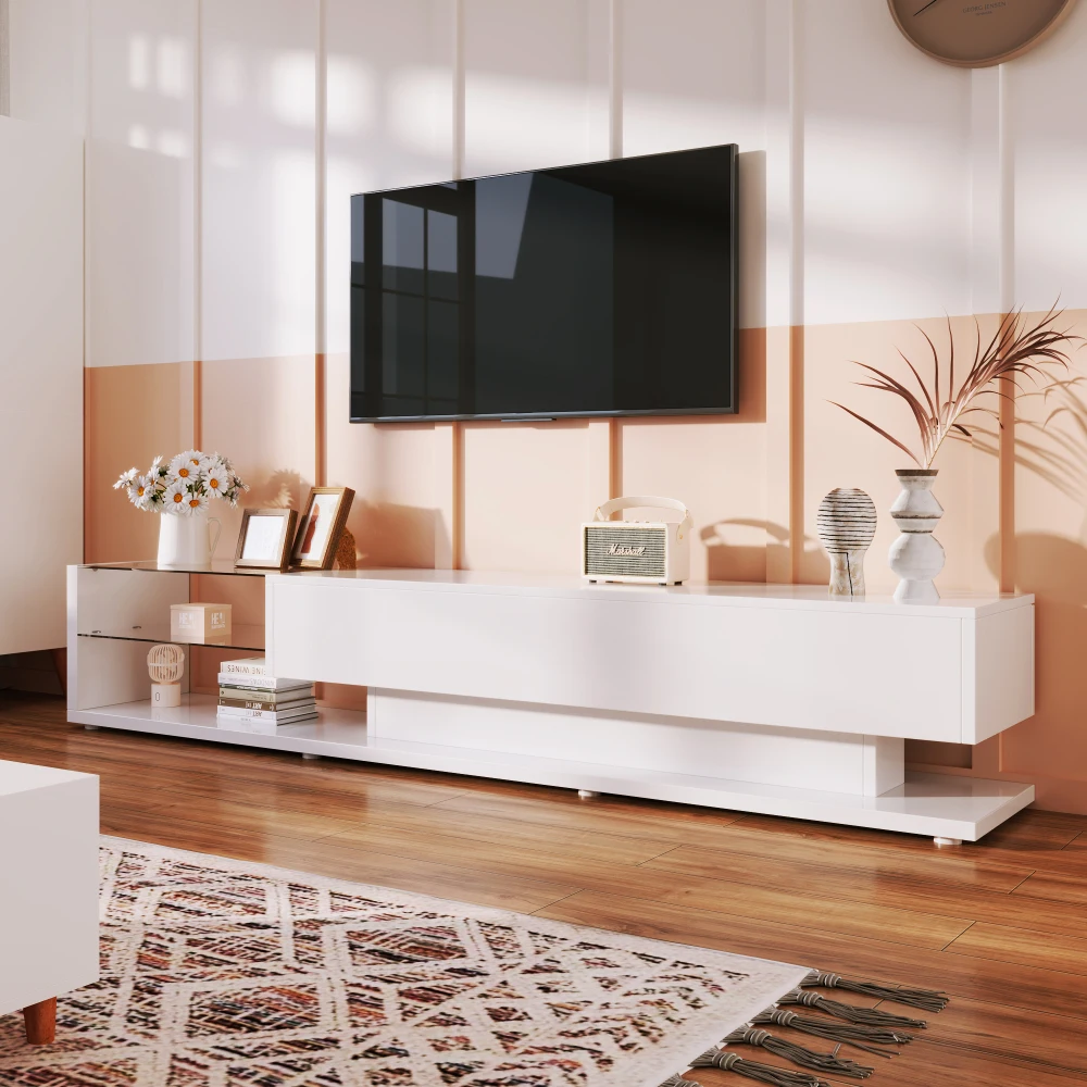 PINGGO Moderner TV-Schrank Rustikales Holz LED-Beleuchtung Glaspartitionen Wohnzimmer-Aufbewahrungsmöbel – Detail 3