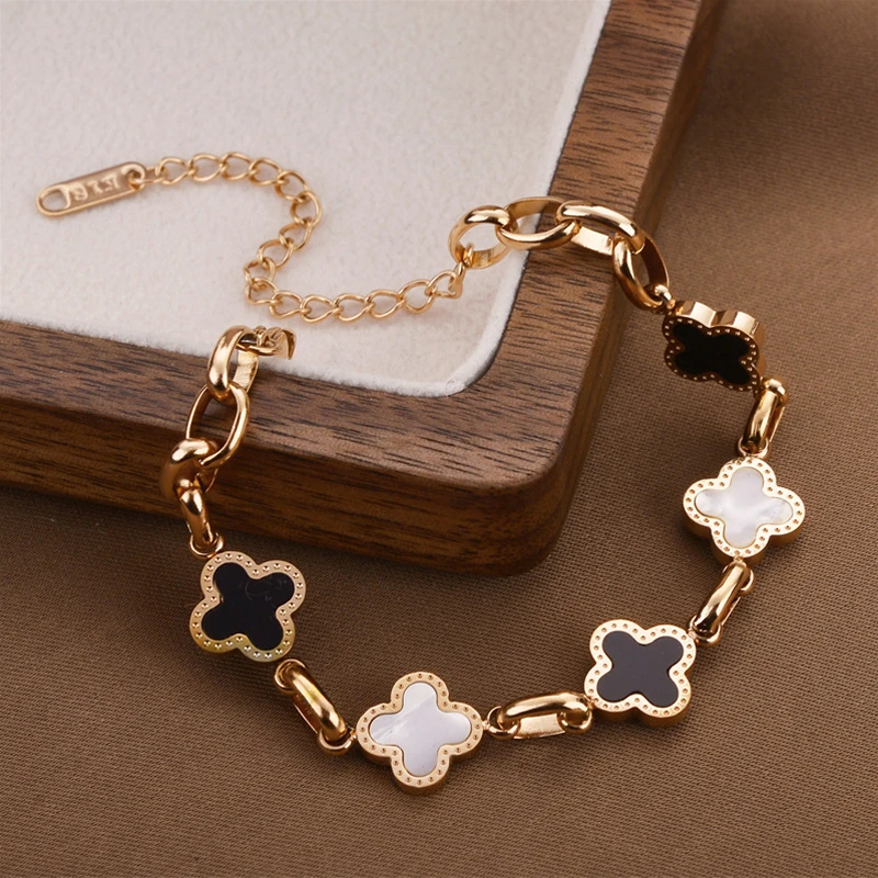 Women's Titanium Steel Four-leaf Clover Bracelet Adjustable Charm Bracelet Non-tarnish Lucky Chain Gift for Girlfriend