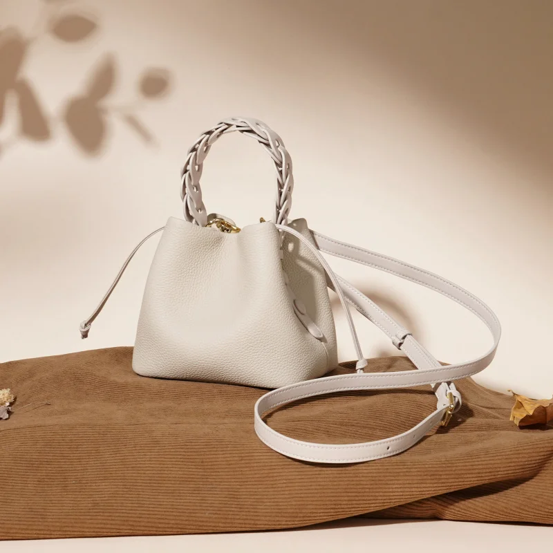 New Style Top-Grain Leather Bucket Bag Spring Edition Elegant Workwear Shoulder Crossbody Handbag