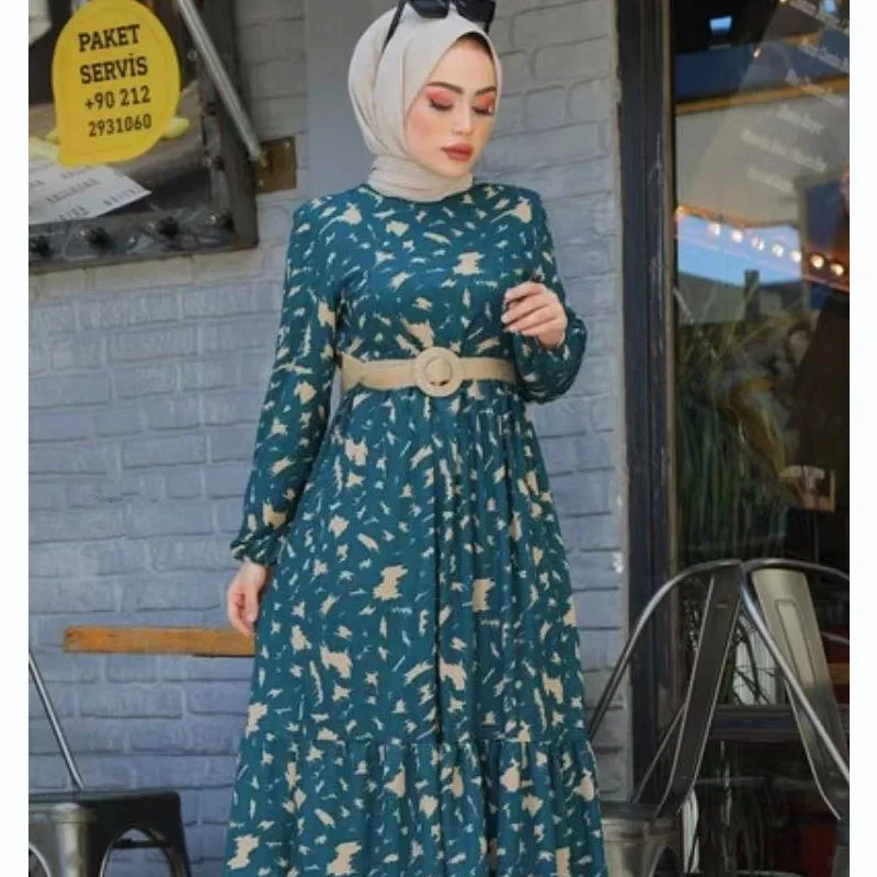 Muslim Islamic New Print Dresses for Women Fashion Round Collar Ladies Dresses with Belt Middle East Turkey Loose Female Robe