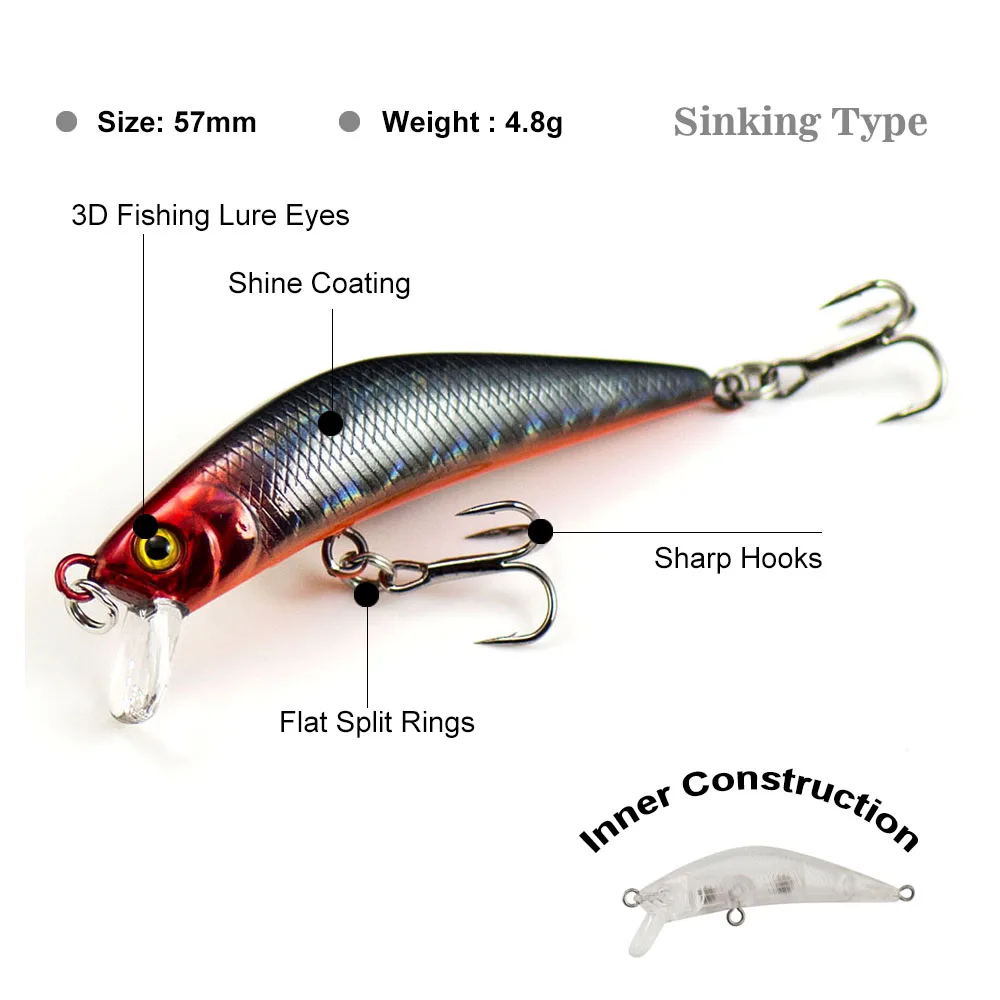 57mm 4.8g Minnow Fishing Lures Hardbaits, Countbass Freshwater Crappie  Fishing Bait Sinking Type