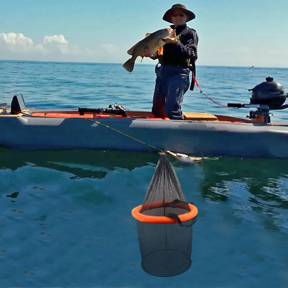 Floating Fishing Bait Basket Mesh Live Fish Net Cage Foldable Fishing Holder Bucket for Caught Fish