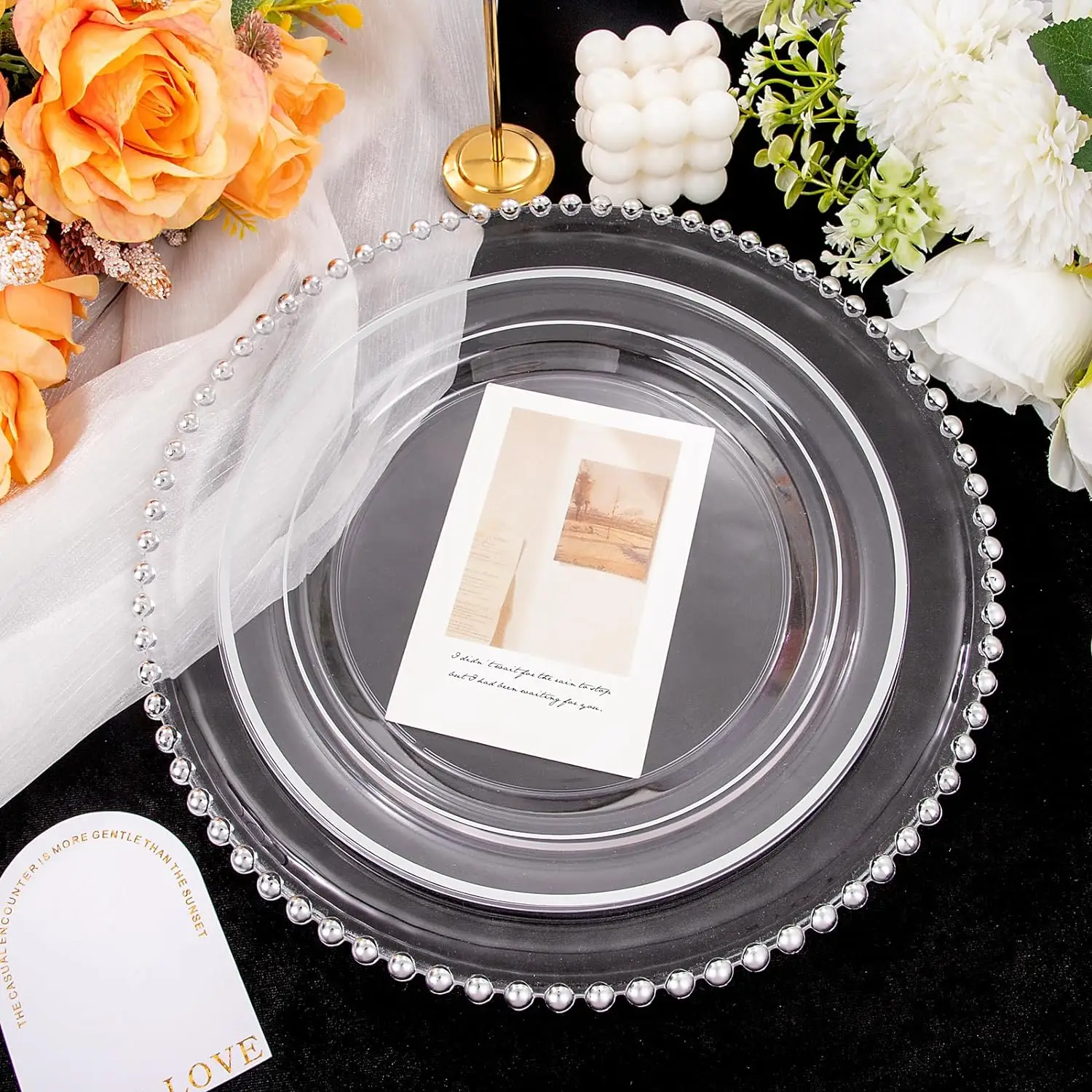 100PCS Clear Silver Plastic Plates, Clear Plates With Silver Rim 10 Inch, Dinner Plates Fancy