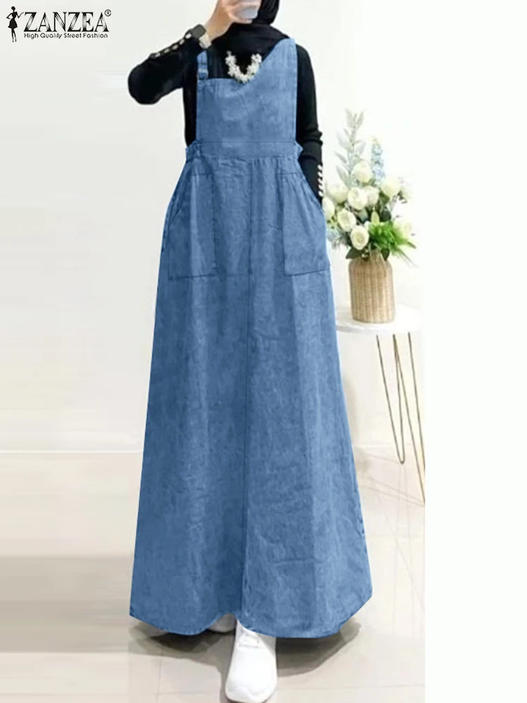 ZANZEA Autumn Sundress Muslim Turkey Dress Abaya Women Vintage Straps A Line Denim Blue Vestidos Sleeveless Overalls Dress