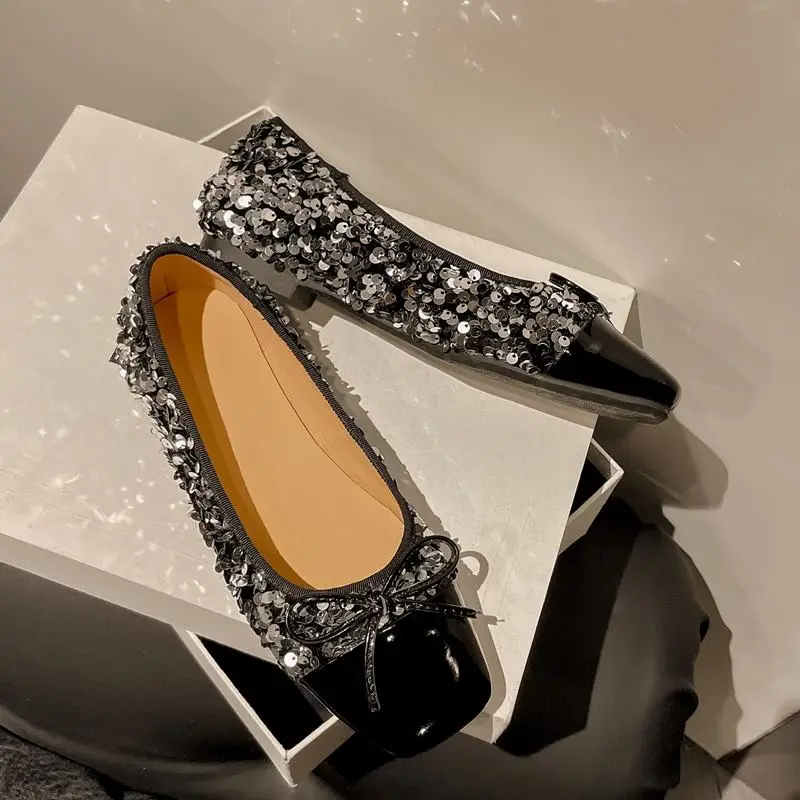

9 Years Old Shop Bling + Genuine Leather Women Heels Shoes Square Toe Fashion Casual Butterfly-knot Design Low Heel Shoes