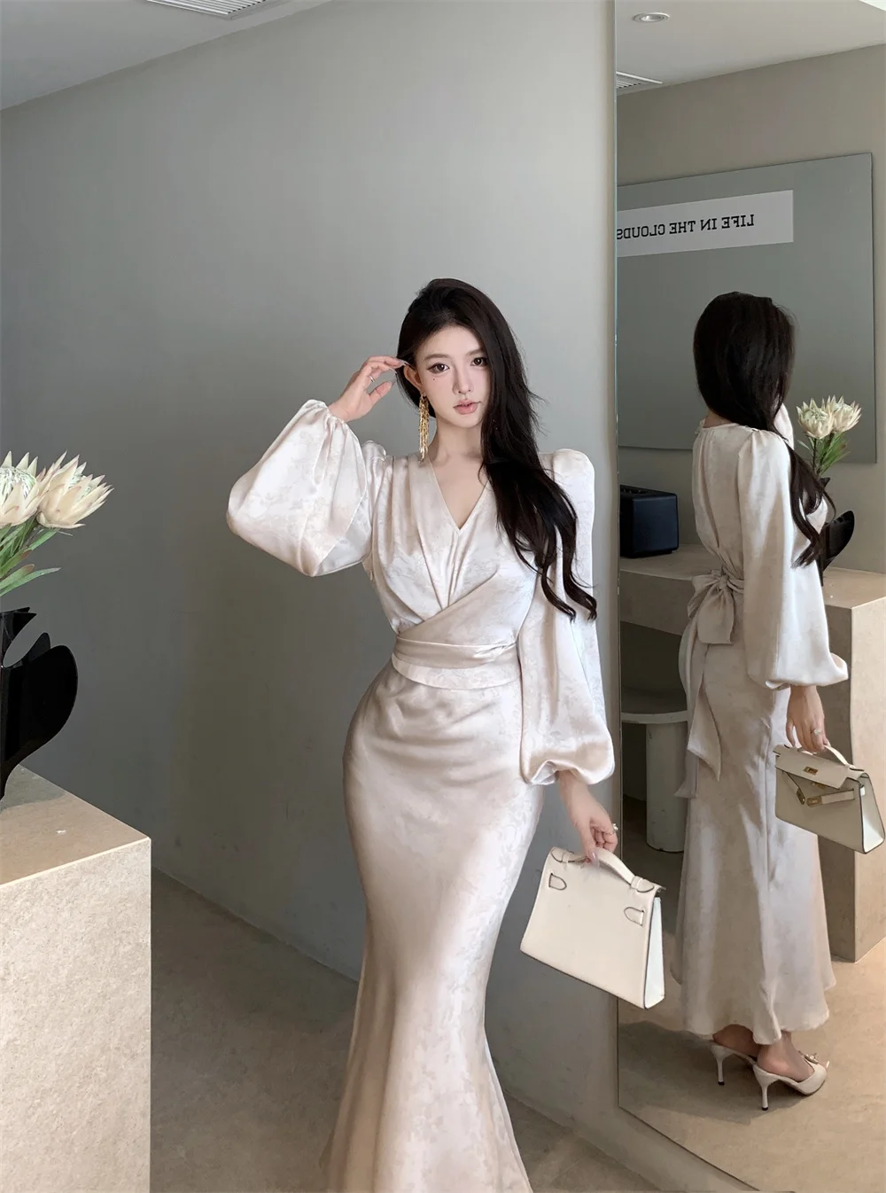 Elegant Bodycon Printed Midi Dresses for Women V-neck Lantern Sleeve Slim Waist Mermaid Evening Party Dress Autumn New Vestidos