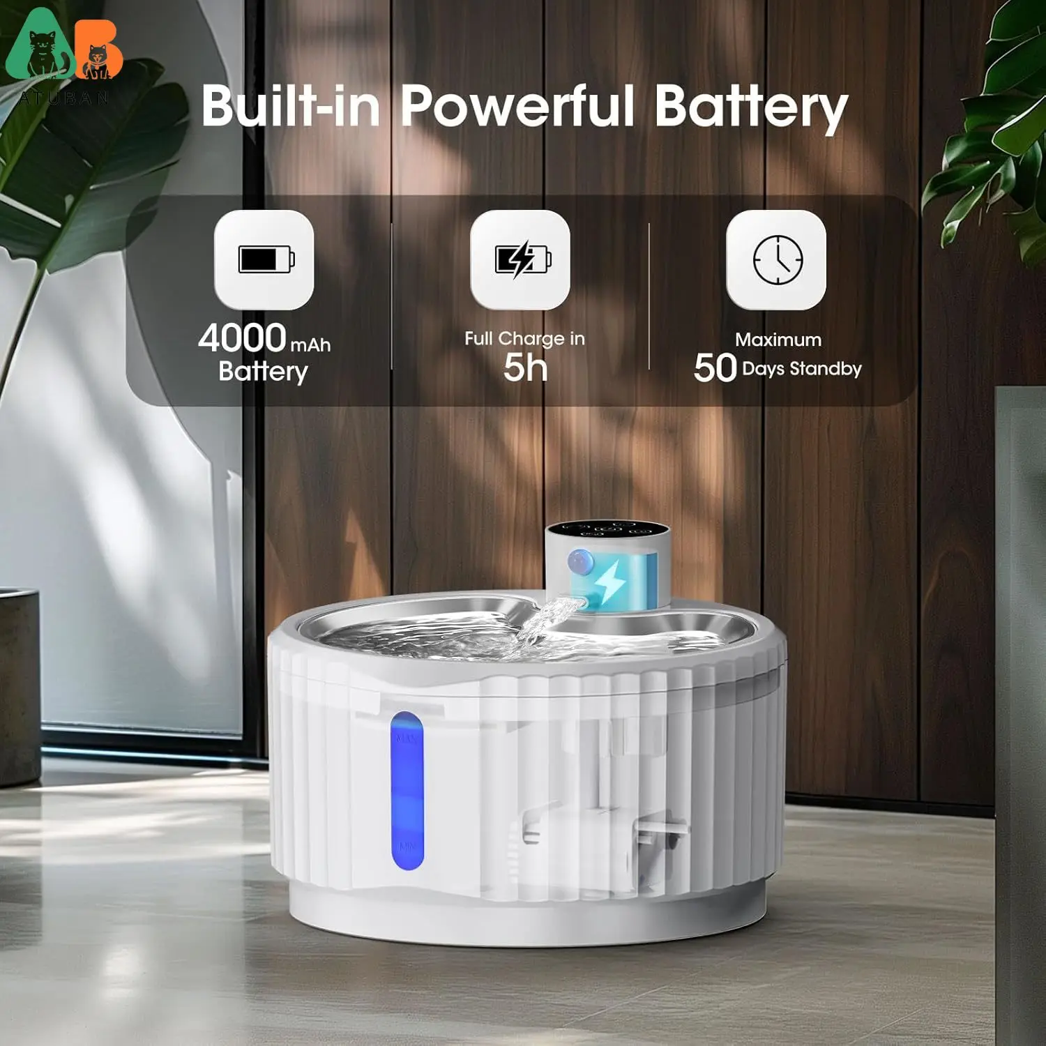 ATUBAN Wireless Cat Water Fountain, 95 oz/2.8 L Battery Operated Pet Water Fountain for Automatic Dog Water Fountain,Quiet Pump 3