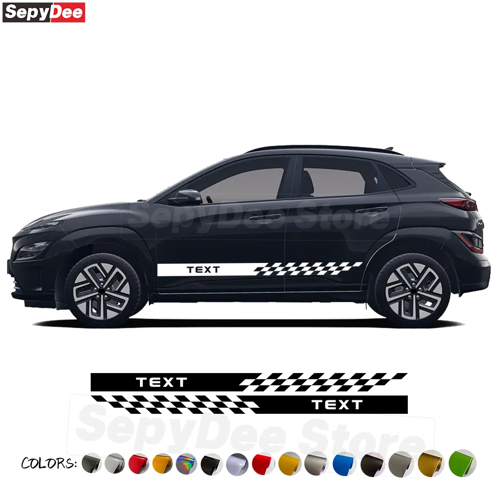 

2Pcsc Checkered Graphic Car Body Door Side Stripes Skirt Stickers for Hyundai Kona Text Customized Body Decor Decal Accessories