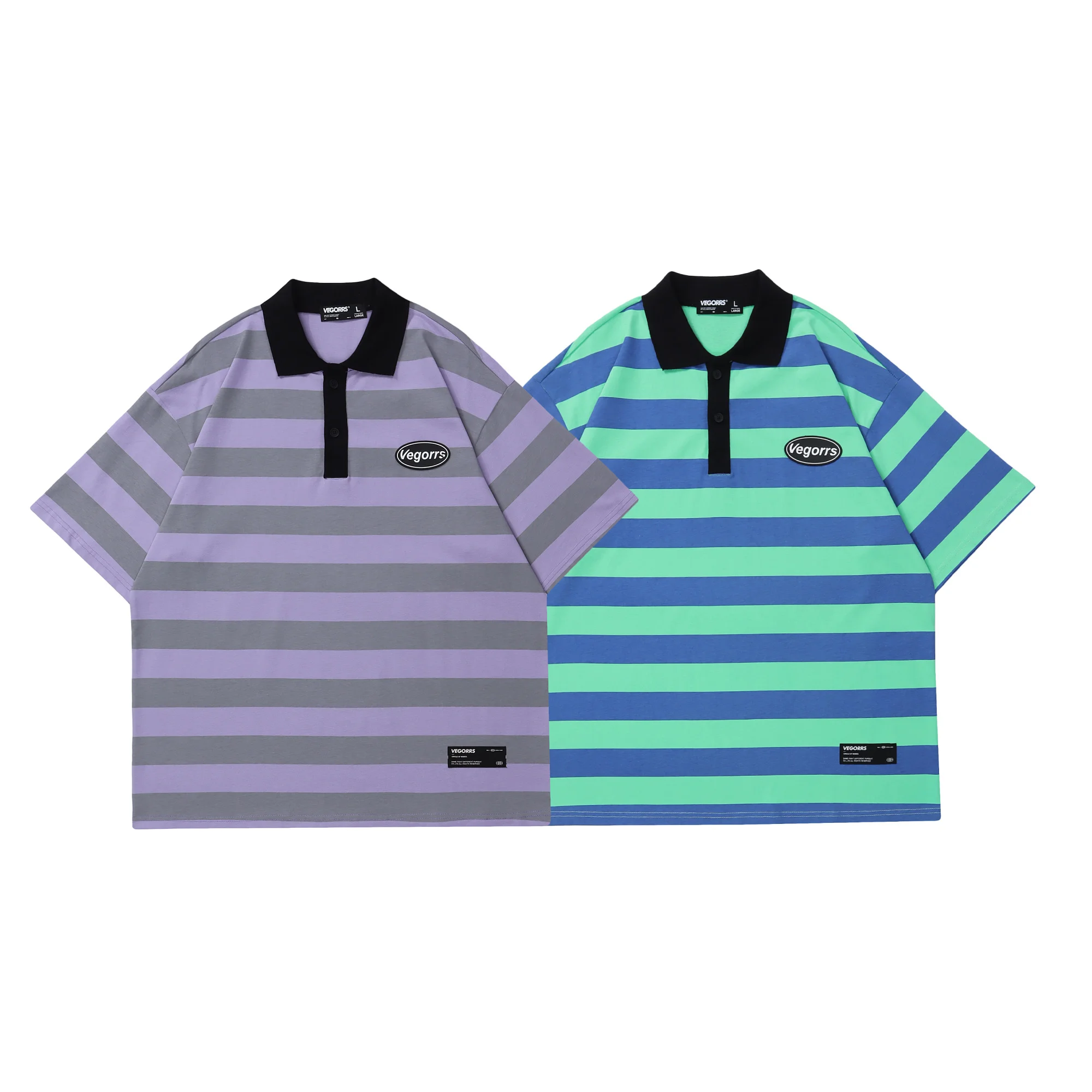 

ATSUNSET Light Stripes Button Polo Shirt Hip Hop Streetwear Vintage Style Harajuku T-Shirt Pullover Top