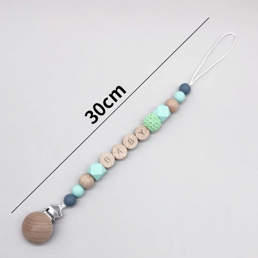 Personalized Name Pacifier Clips Wooden Flat Beads Handmade Toddler Teething Soother Chain Nipple Clip Dummy Holder