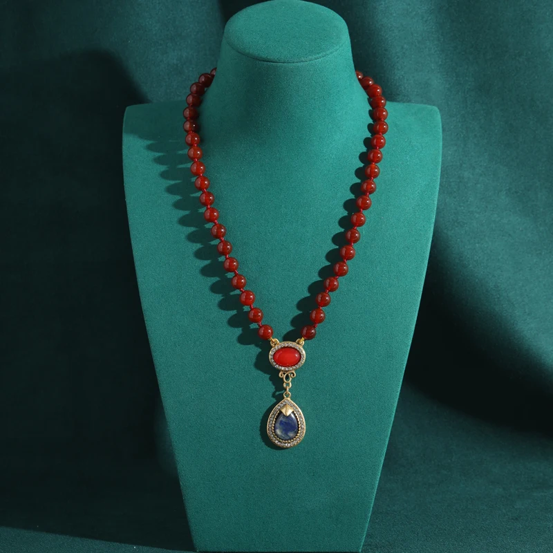 خمر العقيق الأحمر الخرز قلادة الحجر الطبيعي الأوبا...