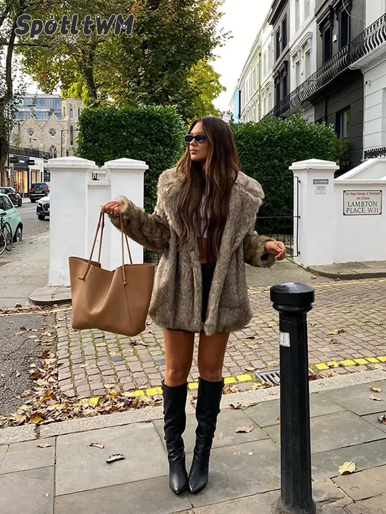 Women Thicken Warm Faux Fur Mid Length Coat Fashion Big Lapel Long Sleeve Fluffy Plush Jackets