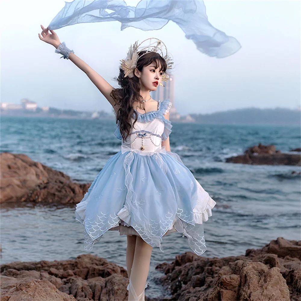 Summer Girls Blue Petal Fish Scale Embroidery Lace Lolita Dress Mermaid Princess Kawaii Woman Pearl Chain Cosplay Lolita Jsk