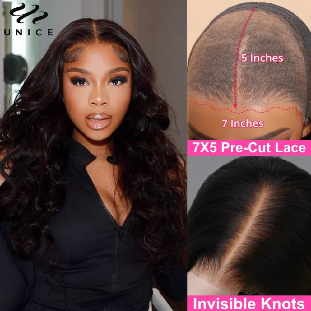UNiceByeByeKnotsWig7x5PreCutLaceWigHumanHairBodyWaveWig