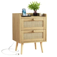 Rattan Nightstand with Charging Station, Rustic Bedside Table with 2 Drawers, Natural Nightstand for Bedroom