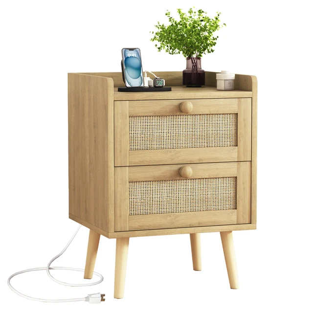 Rattan Nightstand with Charging Station, Rustic Bedside Table with 2 Drawers, Natural Nightstand for Bedroom