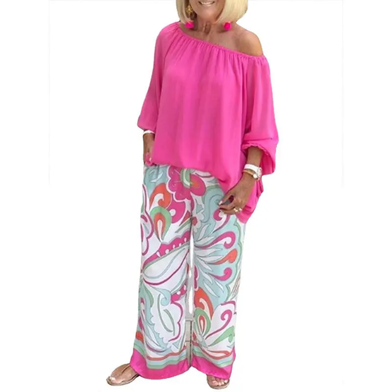 Spring summer Casual 2-piece Suit Set Women\'s Sexy Off-shoulder Shirt Blouse Top + Printed Wide-leg Pants Two-piece Suit 2024