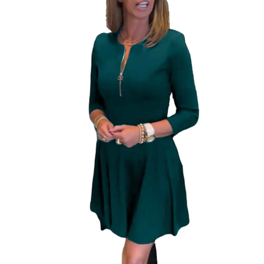 

Elegant Women A-line Mini Dress with Long Sleeve Round Neck for Fall Spring