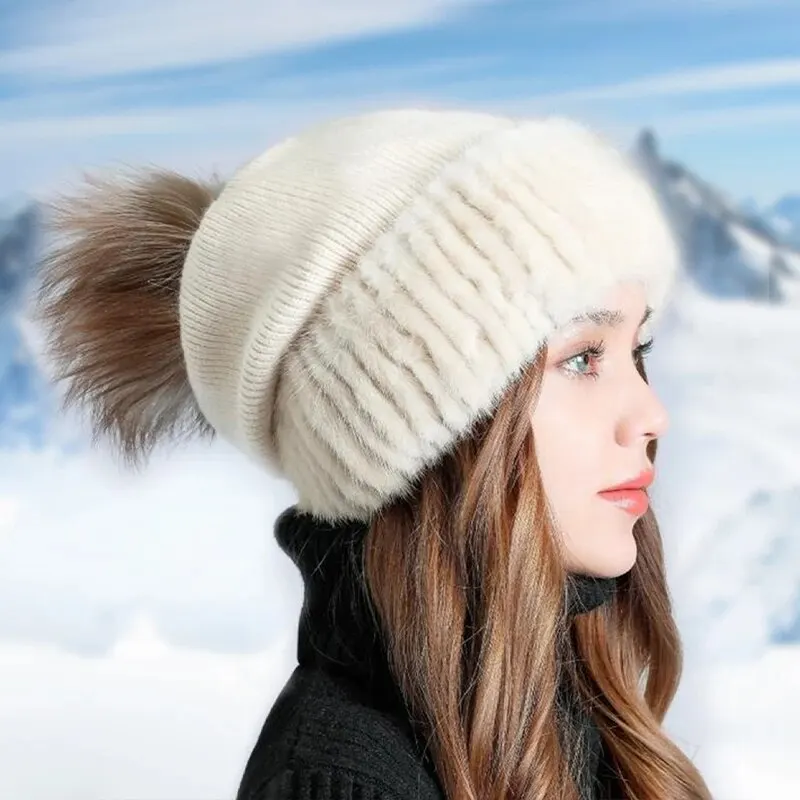 Kış Polar Sıcak Bere Kadın Moda Vizon Tüyü Soğuk Kalın Kayak Şapkası_voghion.com