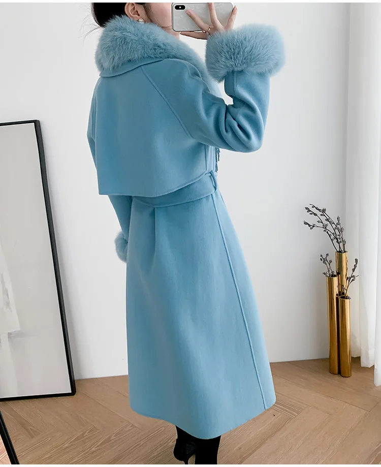 FURYOUME Winter Women Real Fur Coat Jacket X-long Tassel Cashmere Wool Blends Female Lady Trench Belt Fox Fur Collar Streetwear