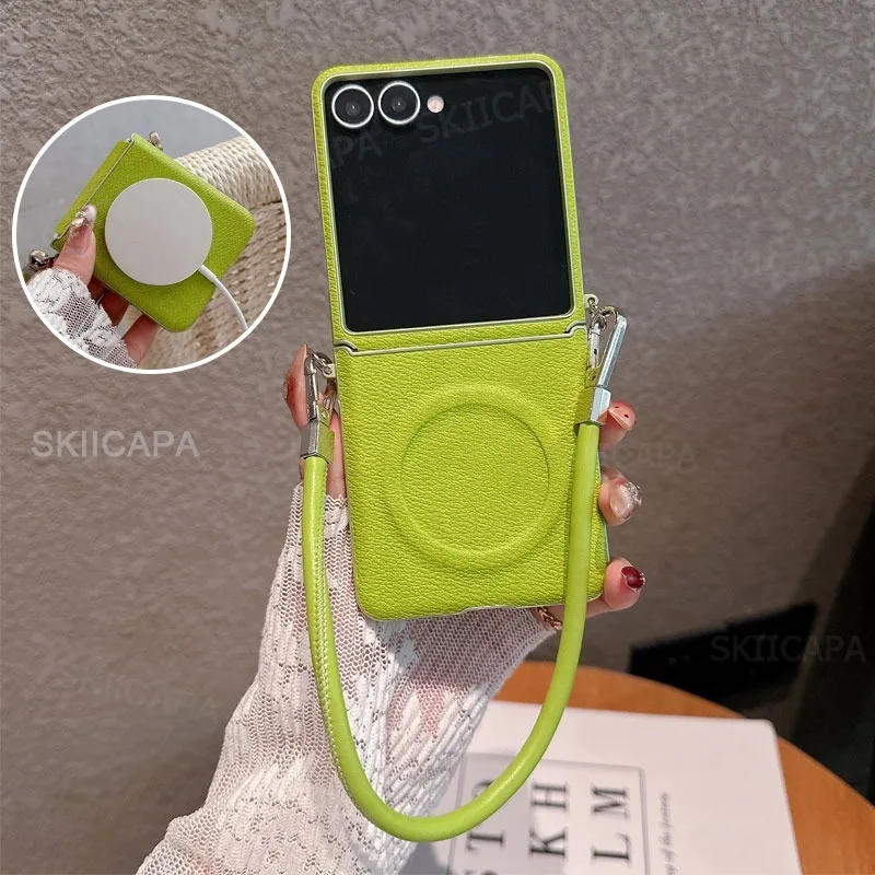 Magnetic Leather Wrist Strap Case with Magsafe Wireless Charging and Lanyard